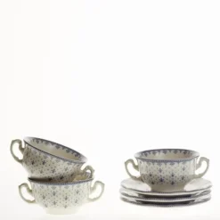 La Cartuja de Sevilla Set de 4 tazas de consomé con platillos colección Flor de Lis Azul > Set Y Servicios|Boles Y Tazas De Consomé