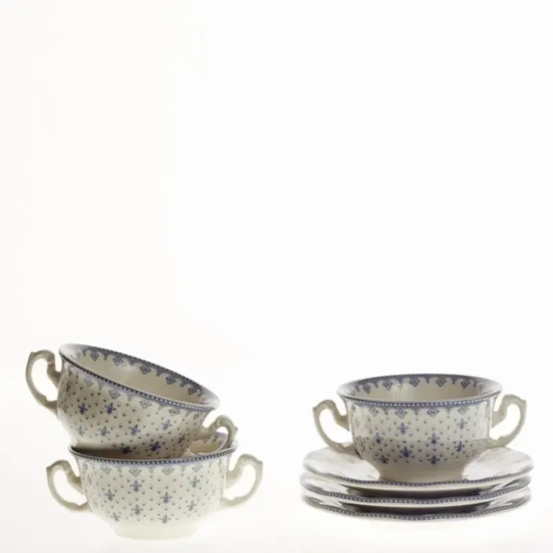 La Cartuja de Sevilla Set de 4 tazas de consomé con platillos colección Flor de Lis Azul > Set Y Servicios|Boles Y Tazas De Consomé