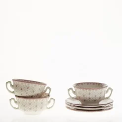 La Cartuja de Sevilla Set de 4 tazas de consomé con platillos colección Flor de Lis Rosa > Set Y Servicios|Boles Y Tazas De Consomé