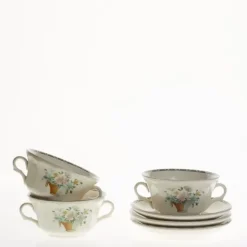 La Cartuja de Sevilla Set de 4 tazas de consomé con platillos colección Canasto Floral > Set Y Servicios|Boles Y Tazas De Consomé