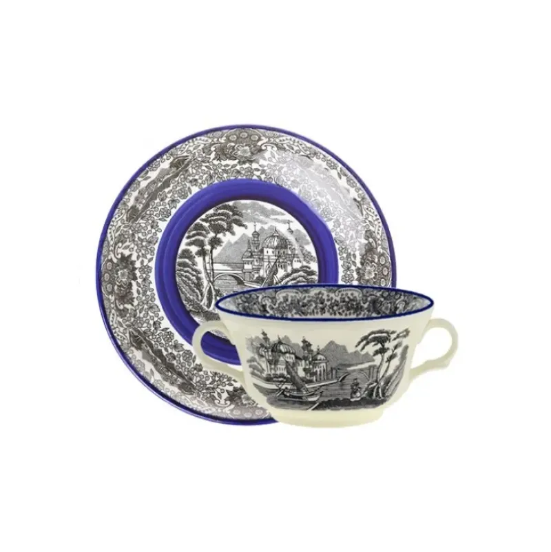 La Cartuja de Sevilla Set de 6 tazas de consomé con platillos colección Negro Vistas Blue by Aaron Stewart > Set Y Servicios|Boles Y Tazas De Consomé